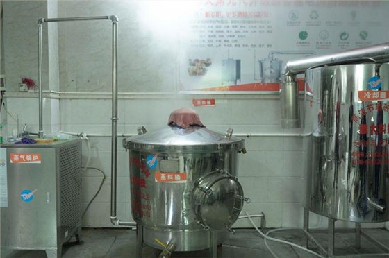 將發(fā)酵好的醪糟倒入雅大白酒釀酒設備中蒸餾